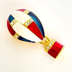 Vintage Hot Air Balloon Brooch RedWhite & Blue Enamel with Rhinestones Patriotic